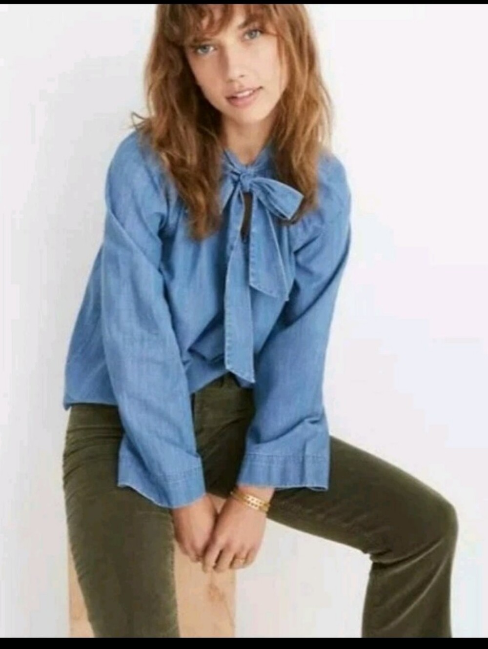 Madewell V-Neck Tie Blouse in Light Blue Jean Xxs